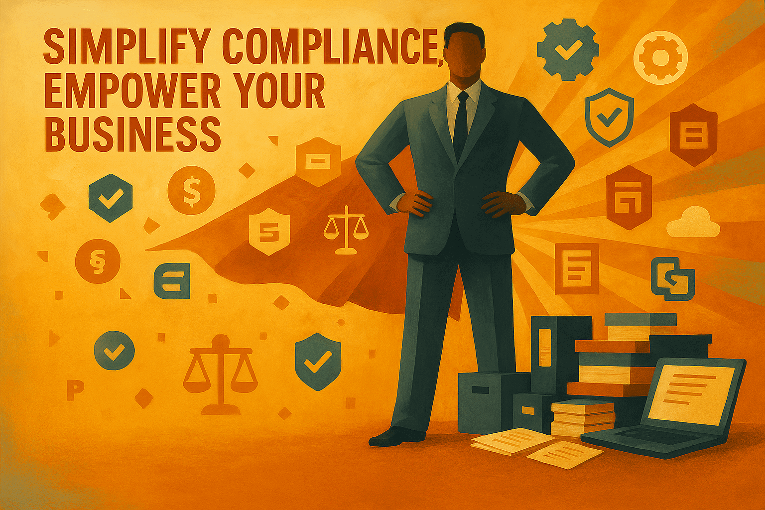 Illustration promoting business compliance with the text Simplify Compliance, Empower Your Business, featuring a professional standing confidently next to stacks of books, a laptop, and icons for security, finance, and legal scales.