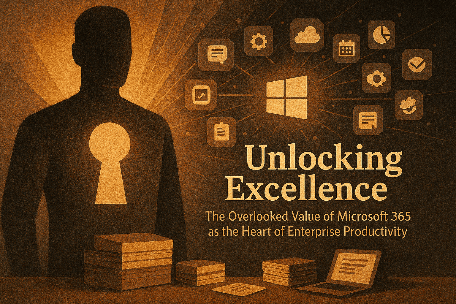 Illustration promoting Microsoft 365 with the text Unlocking Excellence: The Overlooked Value of Microsoft 365 as the Heart of Enterprise Productivity, featuring a silhouette with a keyhole, stacks of documents, and icons for collaboration and productivity apps.