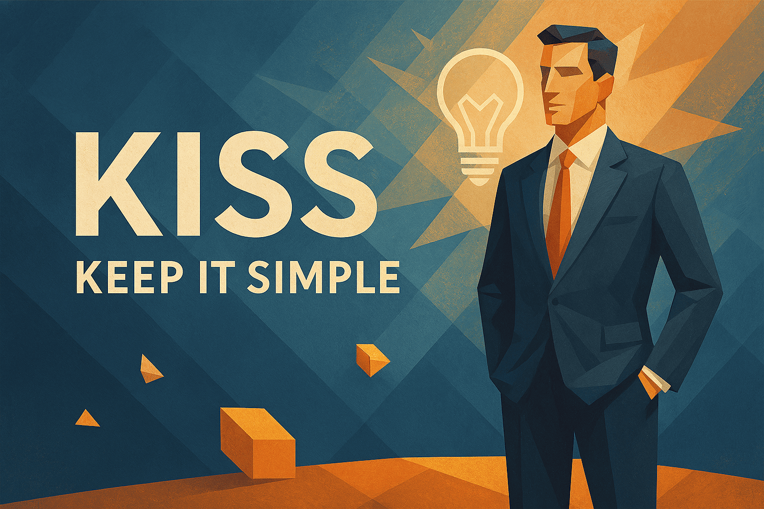 Illustration featuring the acronym KISS with the phrase Keep It Simple, alongside a business professional in a suit and a glowing light bulb icon symbolizing simplicity and innovative ideas.