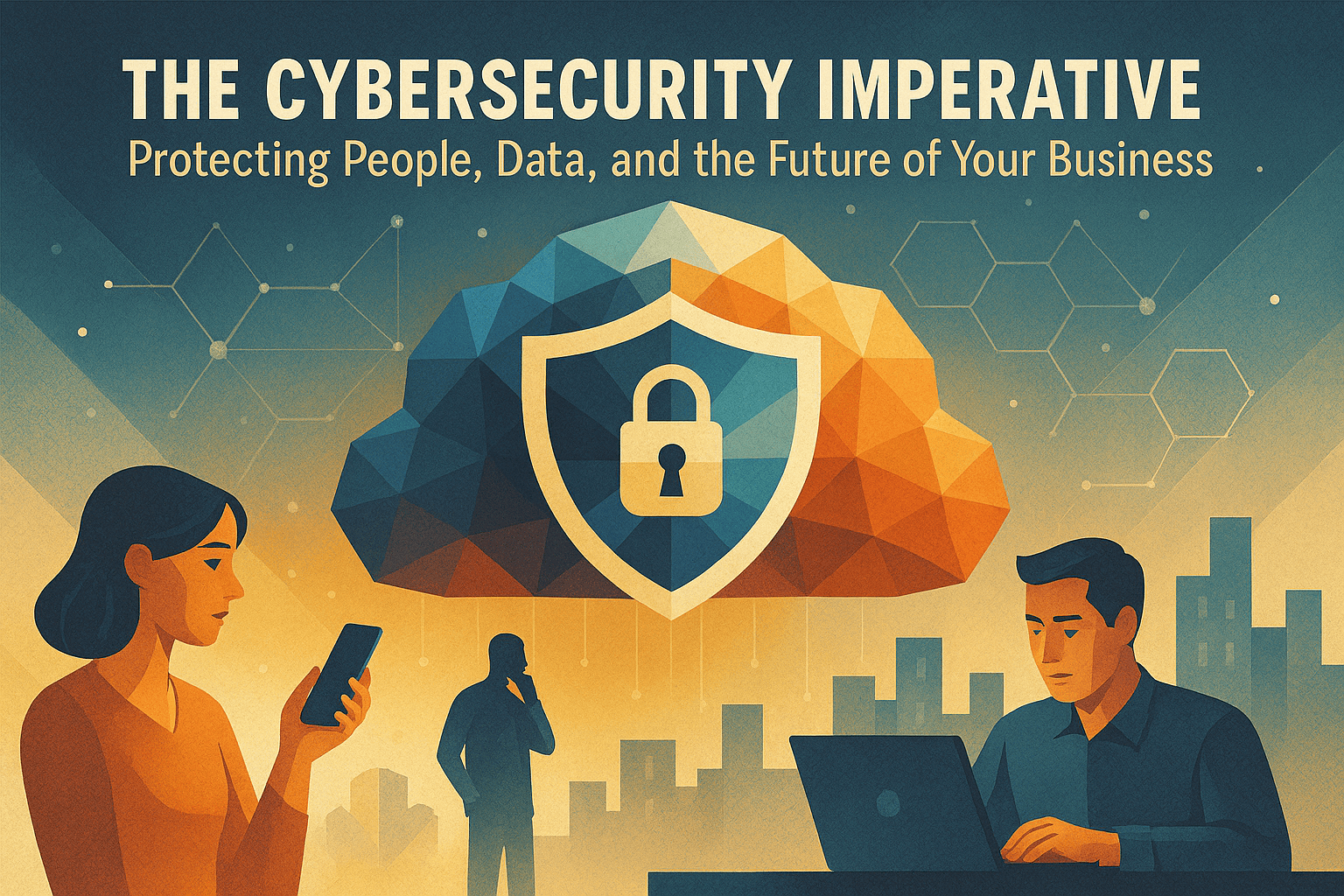 Illustration promoting cybersecurity with the text The Cybersecurity Imperative: Protecting People, Data, and the Future of Your Business, featuring a large shield with a padlock inside a cloud icon and digital network graphics in the background.