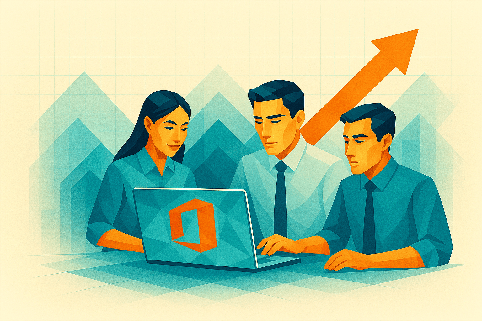 Illustration of three business professionals collaborating on a laptop displaying the Microsoft Office logo, with an upward arrow and bar chart in the background symbolizing productivity and growth.