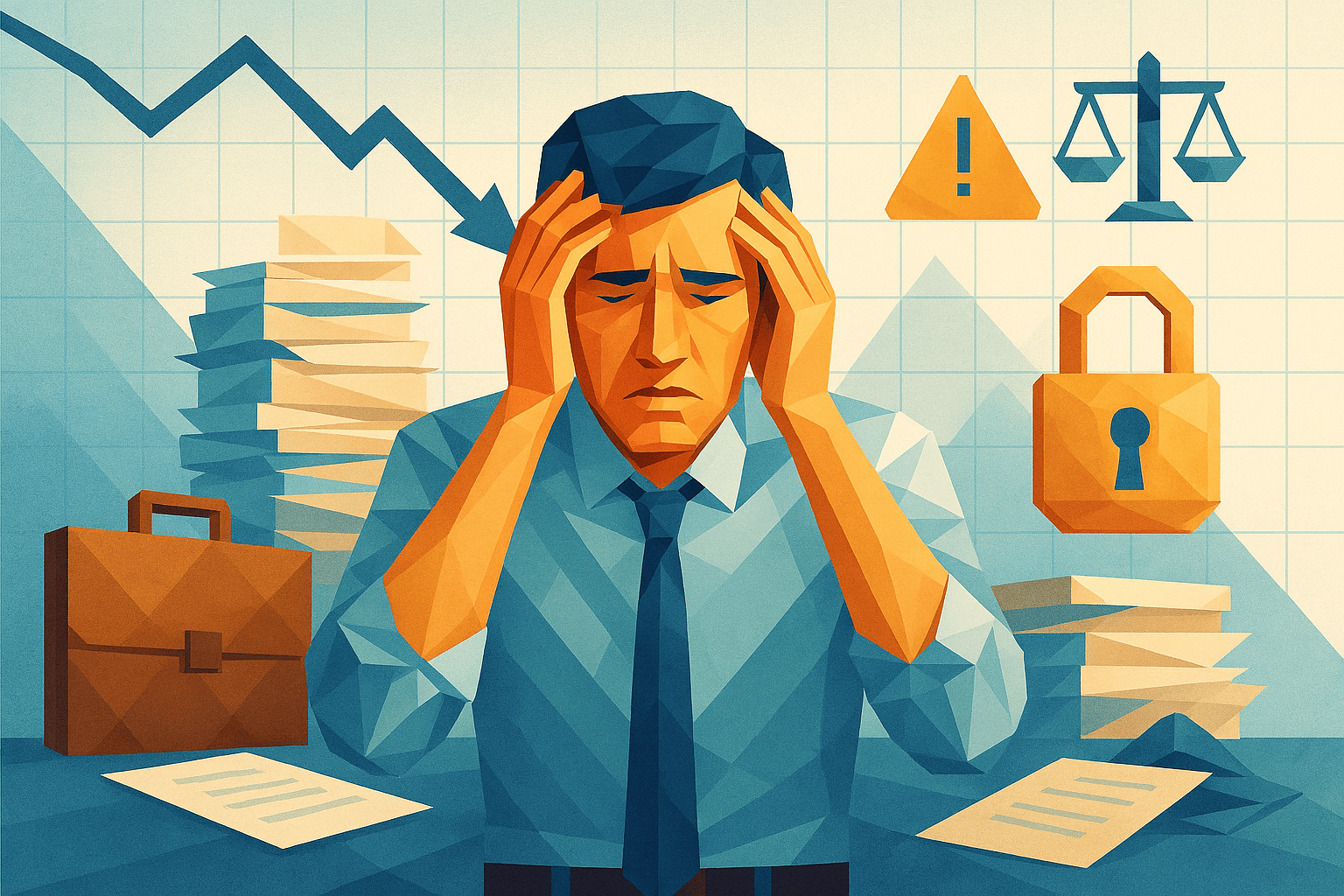 Illustration of a stressed business professional surrounded by compliance and security symbols including a padlock, warning sign, and scales of justice, with stacks of documents and a downward trend line in the background.