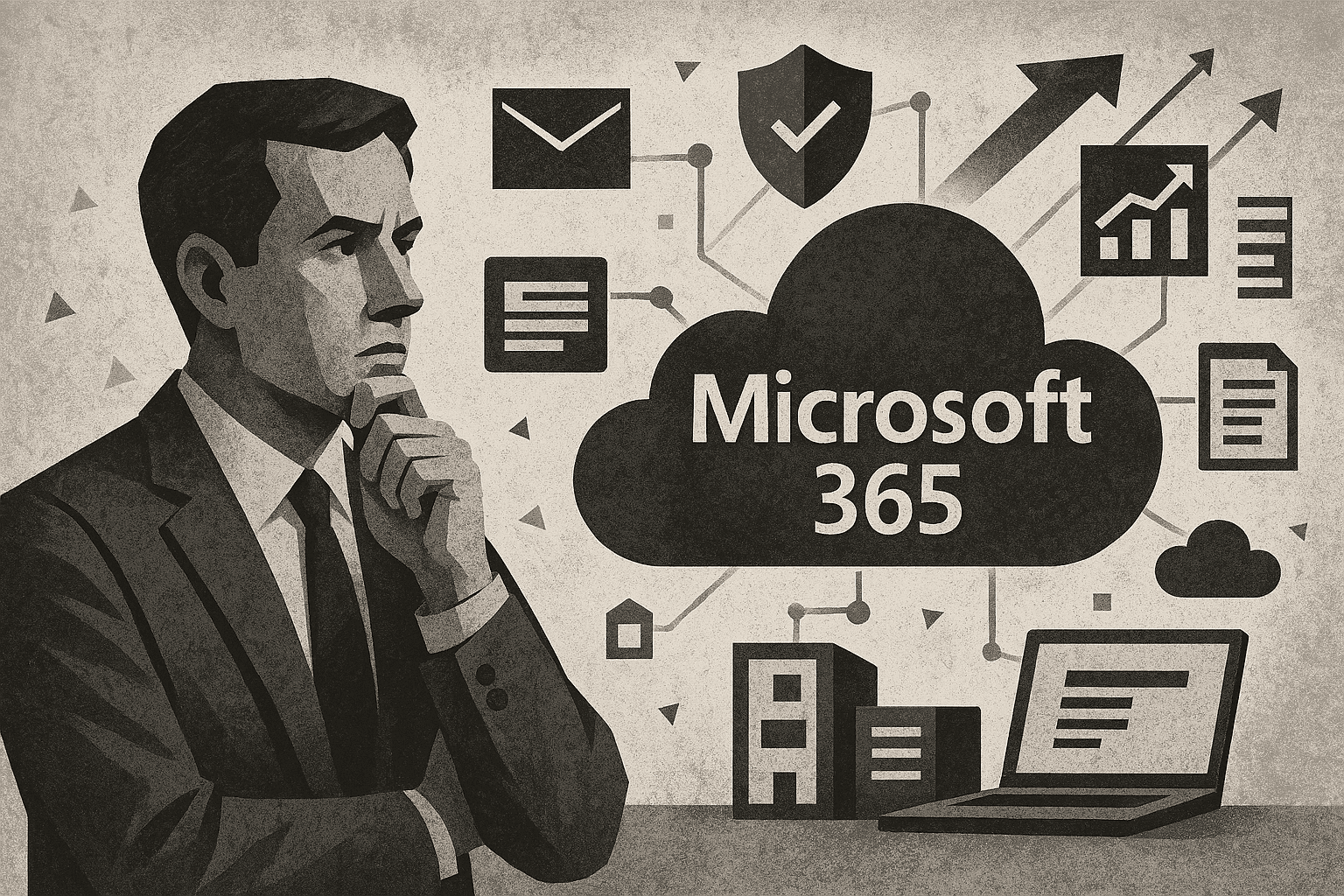 Illustration of a business professional standing next to a large Microsoft 365 cloud icon surrounded by digital icons for email, security shield, analytics, and document management, with a laptop in the foreground.