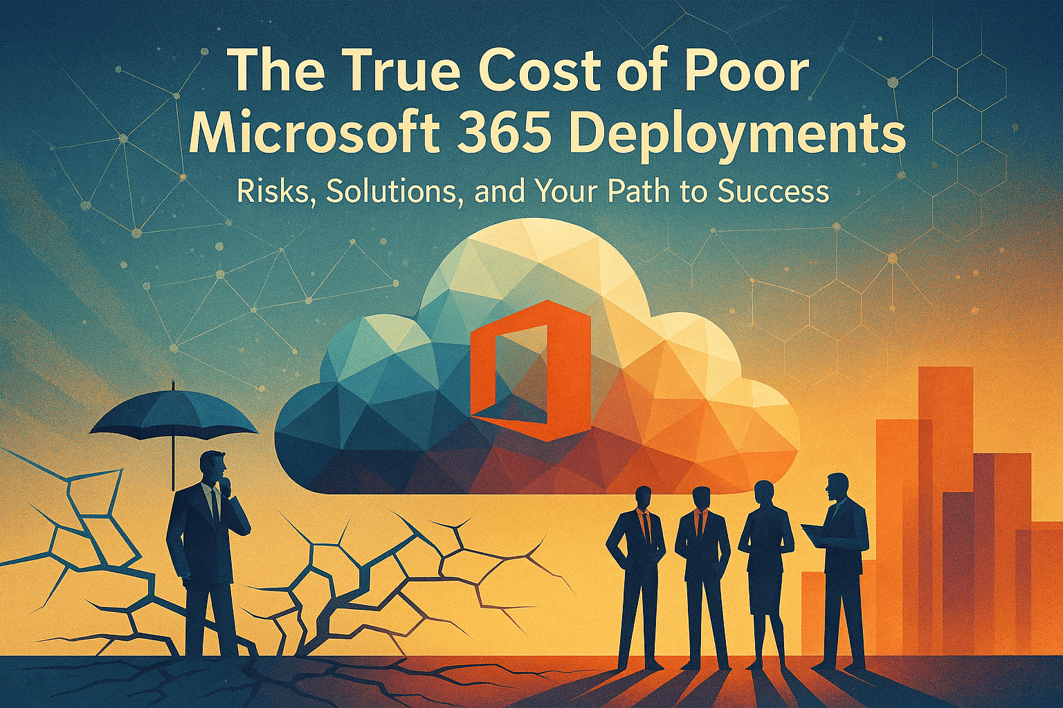 Microsoft 365 logo above cloud with business silhouettes, highlighting deployment risks and solutions.