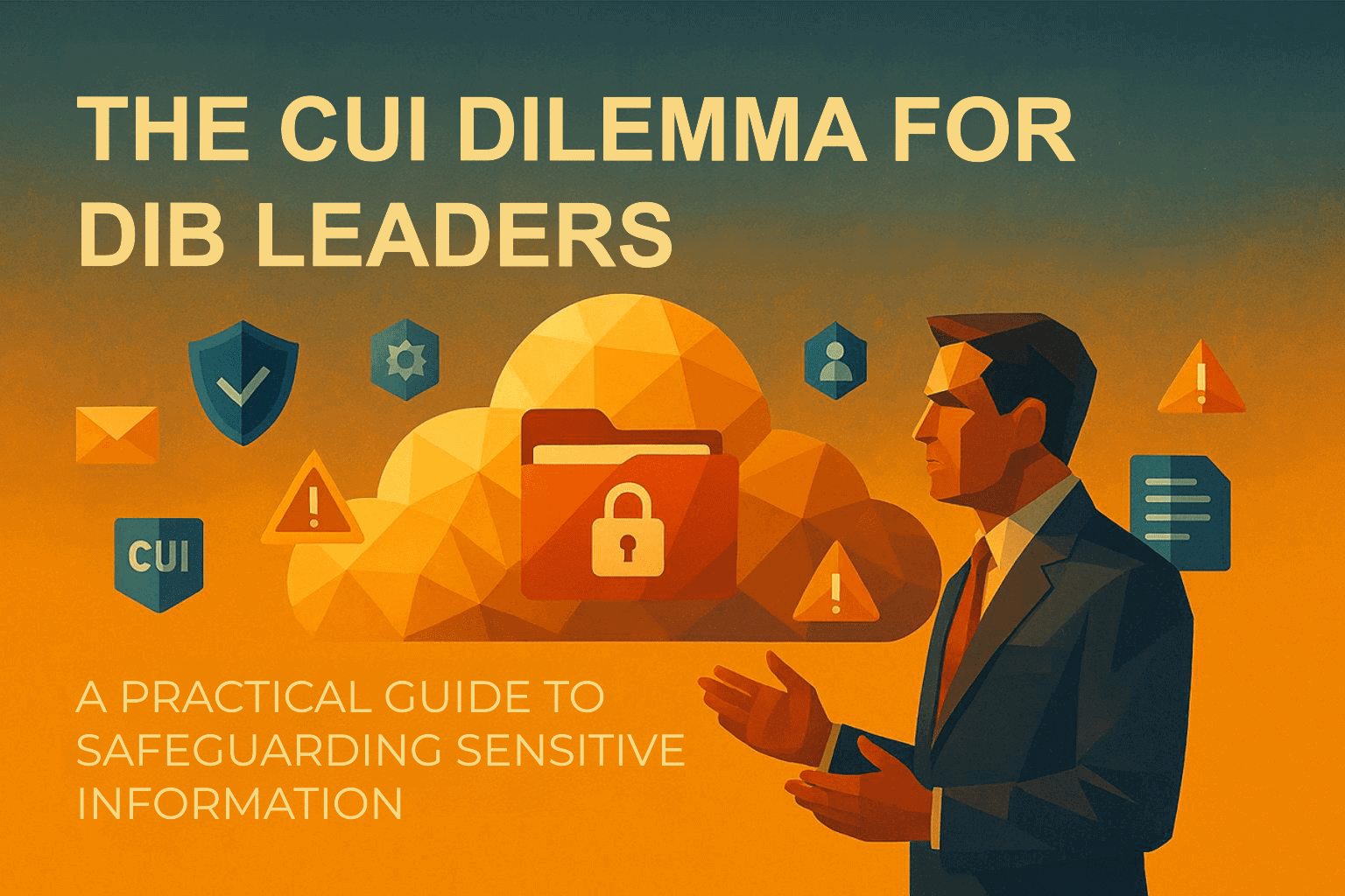 Illustration with cloud and padlock icons, security shields, and text highlighting the CUI dilemma for DIB leaders and safeguarding sensitive information.