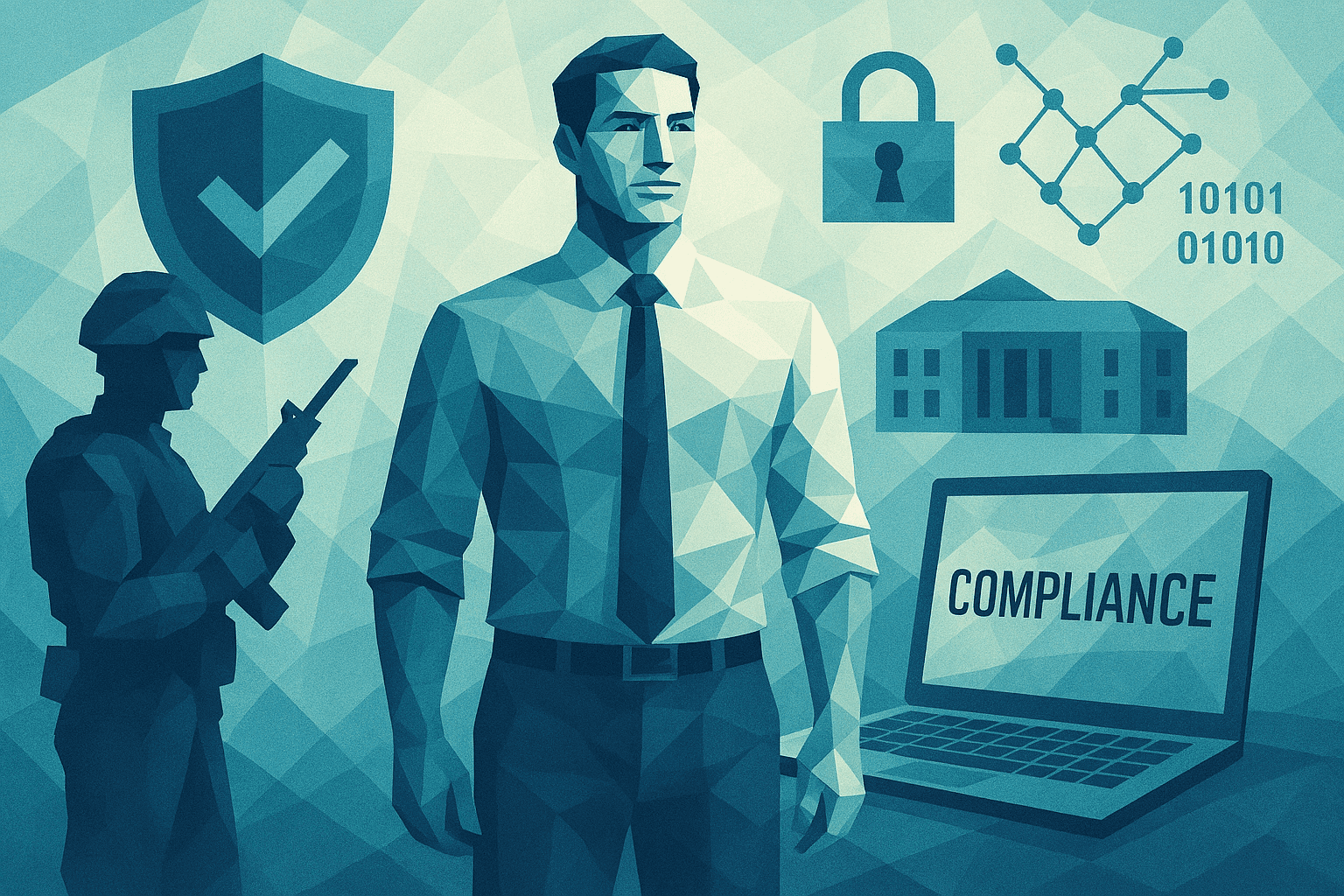 Compliance illustration with shield, checkmark, padlock, government building, and laptop