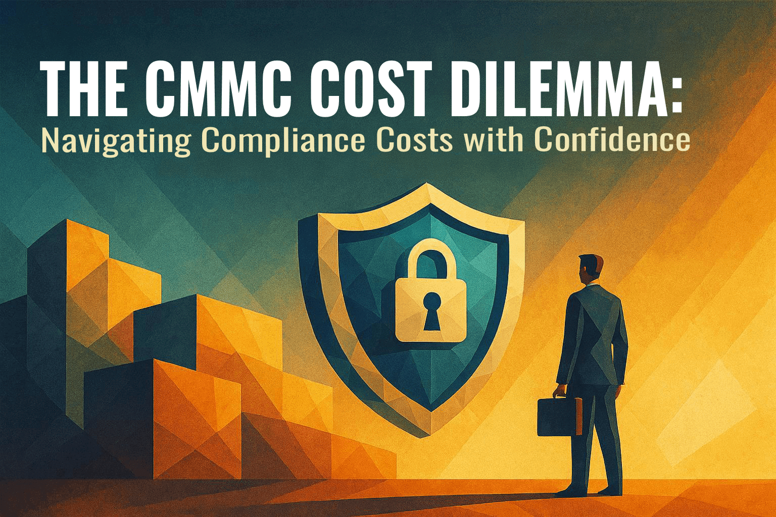 Business figure with briefcase beside shield and lock icon under CMMC cost dilemma title.