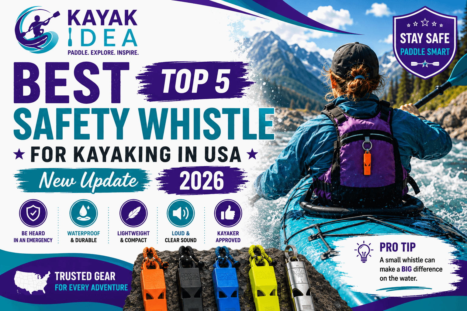 Best safety whistle for kayaking in USA featuring top-rated emergency whistles, waterproof safety gear, and a kayaker paddling through scenic mountain waters in this updated kayaking safety guide by Kayak Idea.