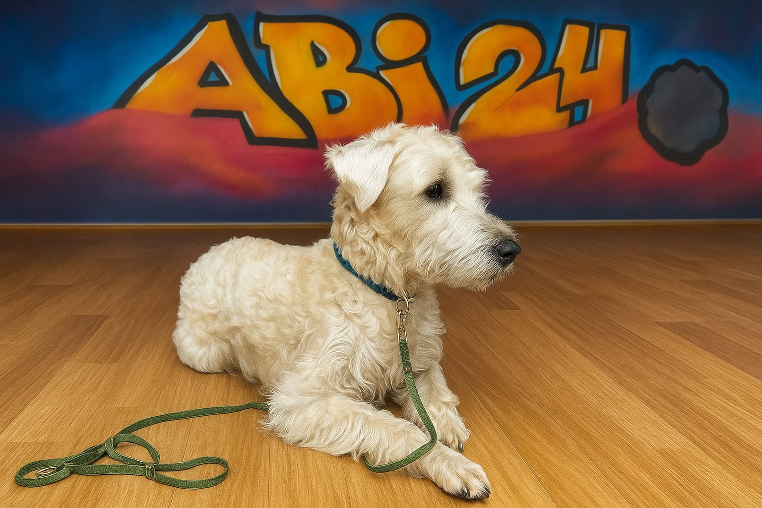 Schulhund Rudi vor einem Grafitti mit dem Tag Abi 2024