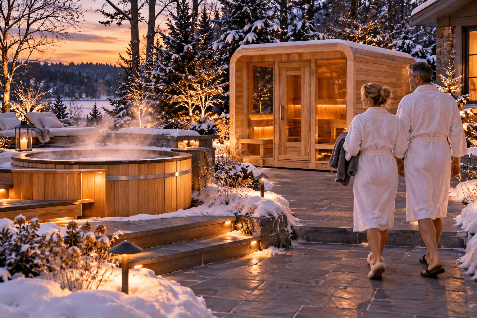 Middle Aged Couple in retreat style patio with Sauna and hot tub