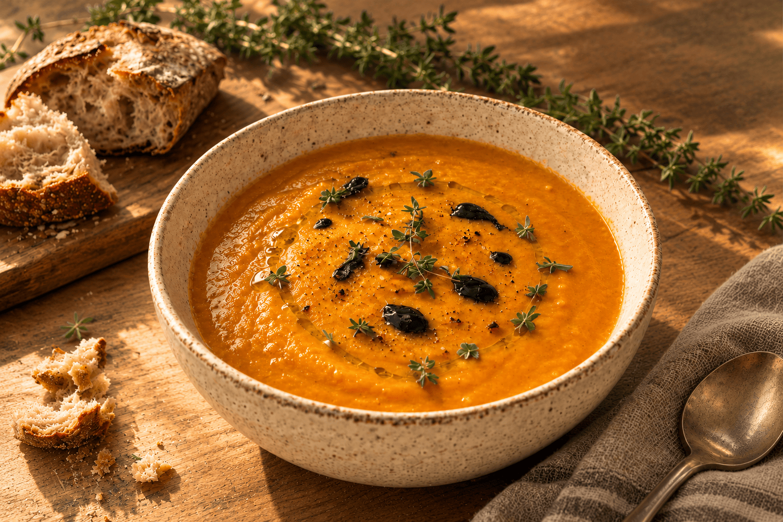 Potage de courge butternut à l’ail noir