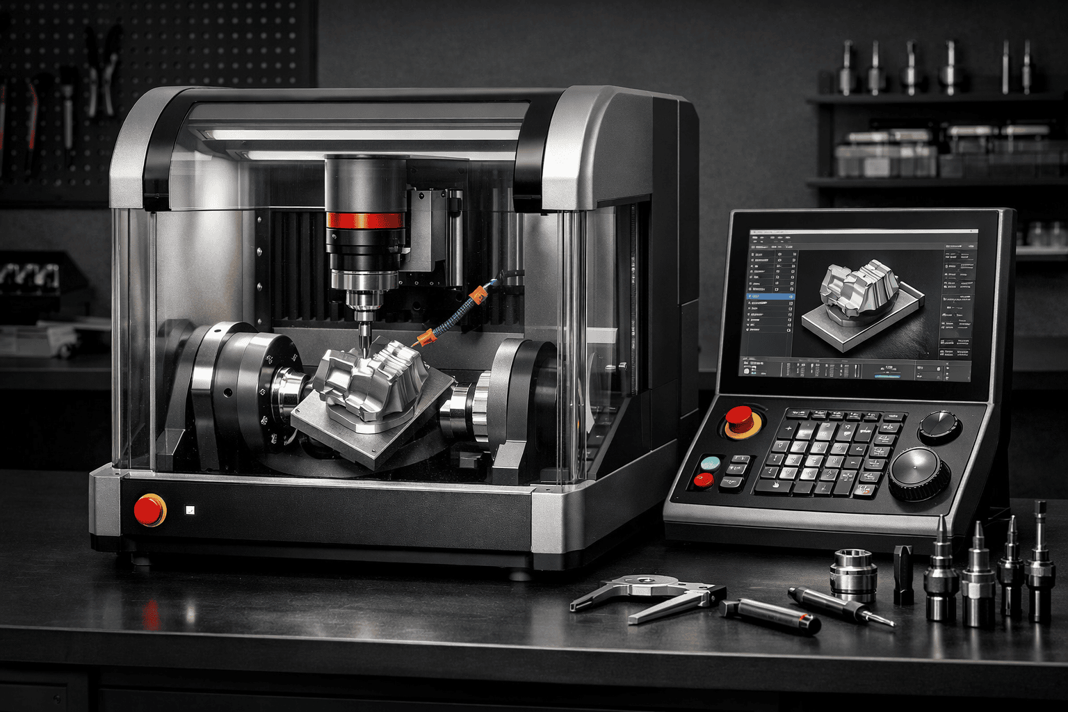 A modern 5 axis desktop CNC machine in a workshop setting.