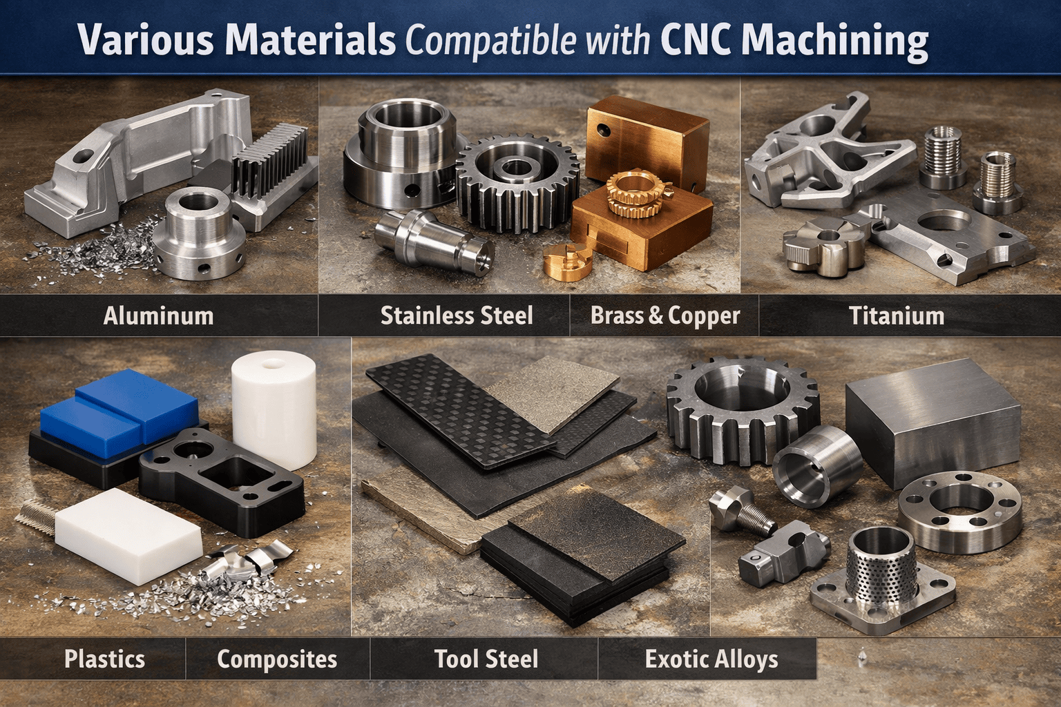 Various materials compatible with CNC machining.