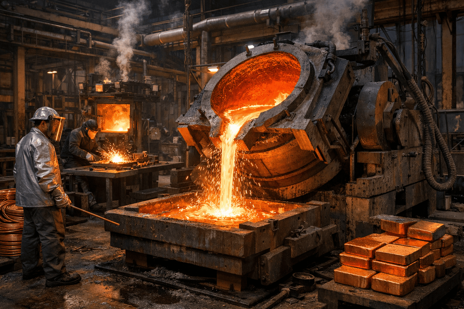 An industrial setting where copper melting is essential for fabrication and welding.