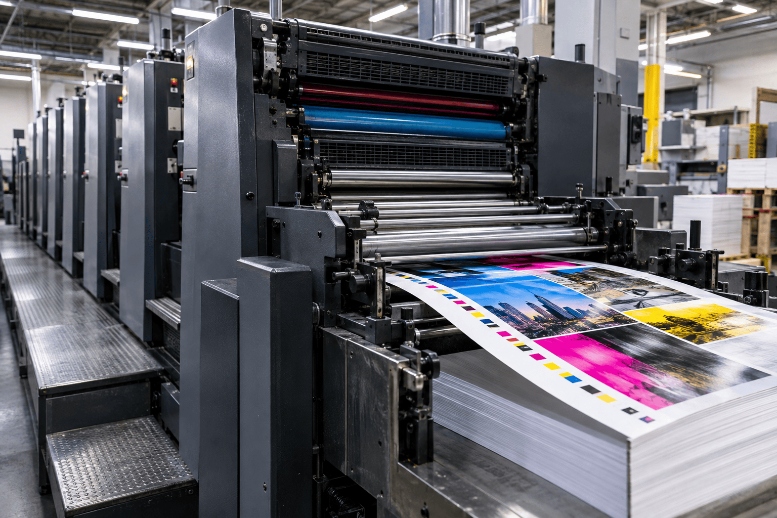 Printed sheets moving through a production press