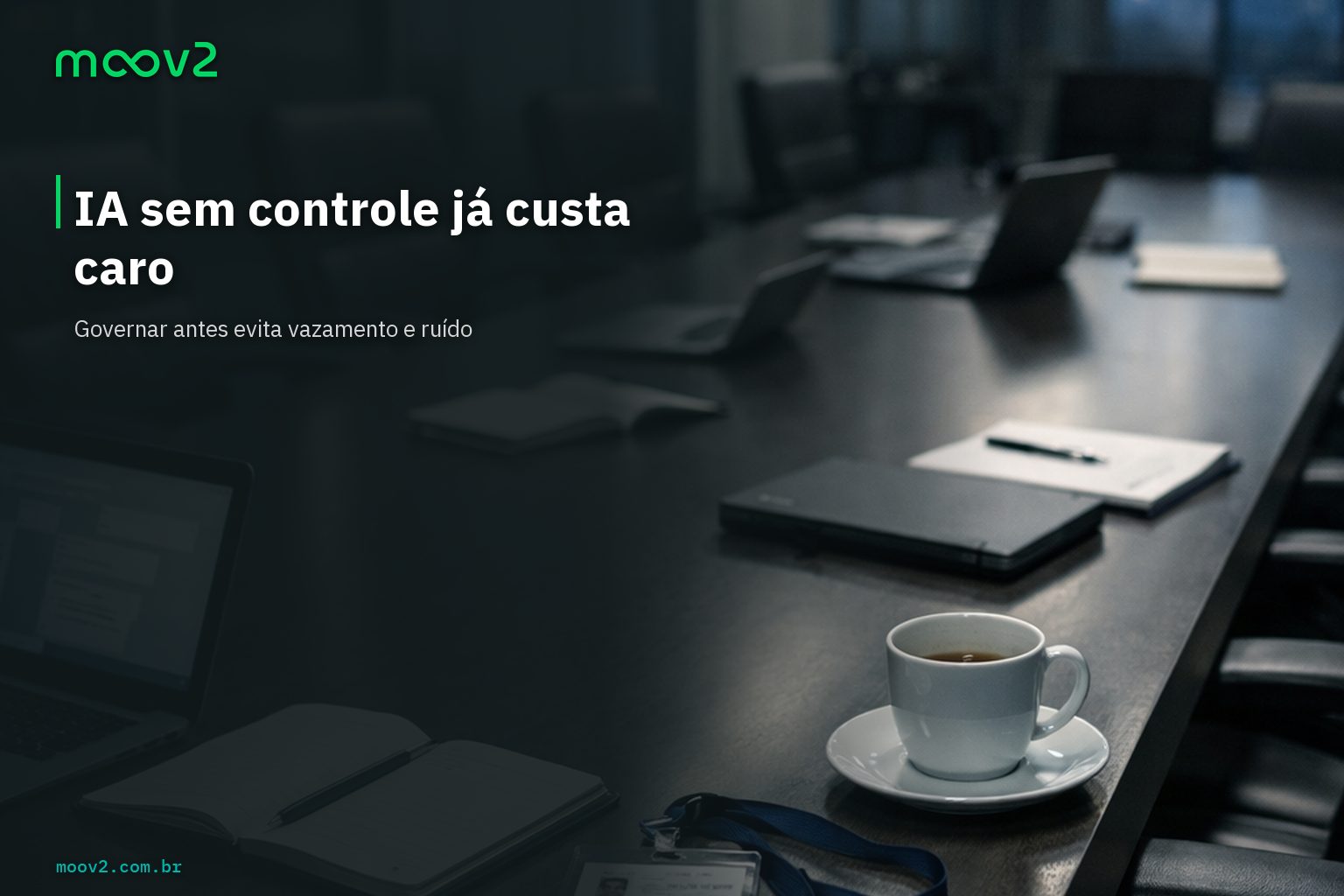 Imagem corporativa de sala de reunião vazia com headline sobre governança de IA e risco de uso sem controle.