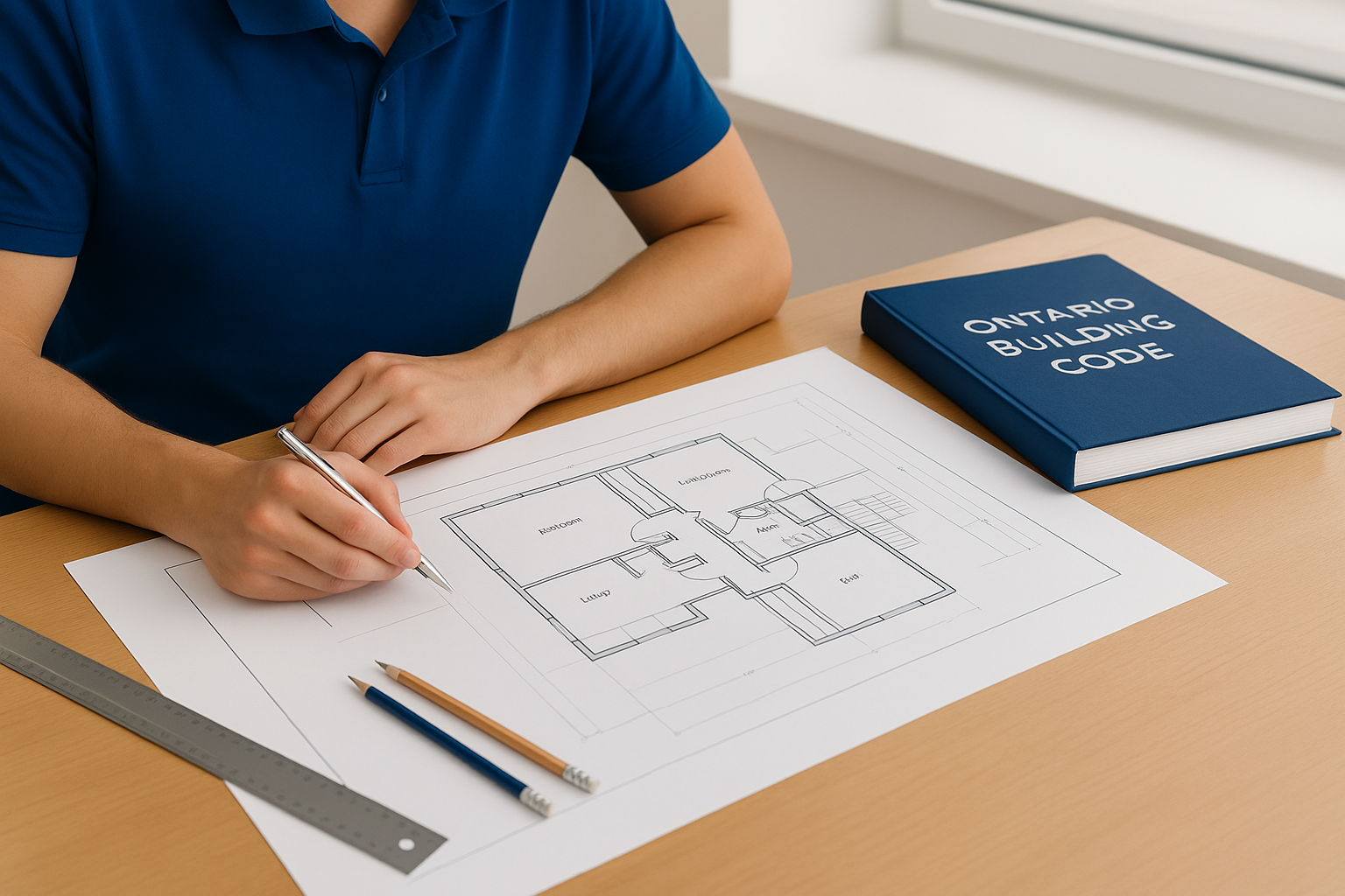 Designer preparing OBC-compliant basement permit drawings and floor plans for legal basement conversion — MyAurora GTA Ontario.