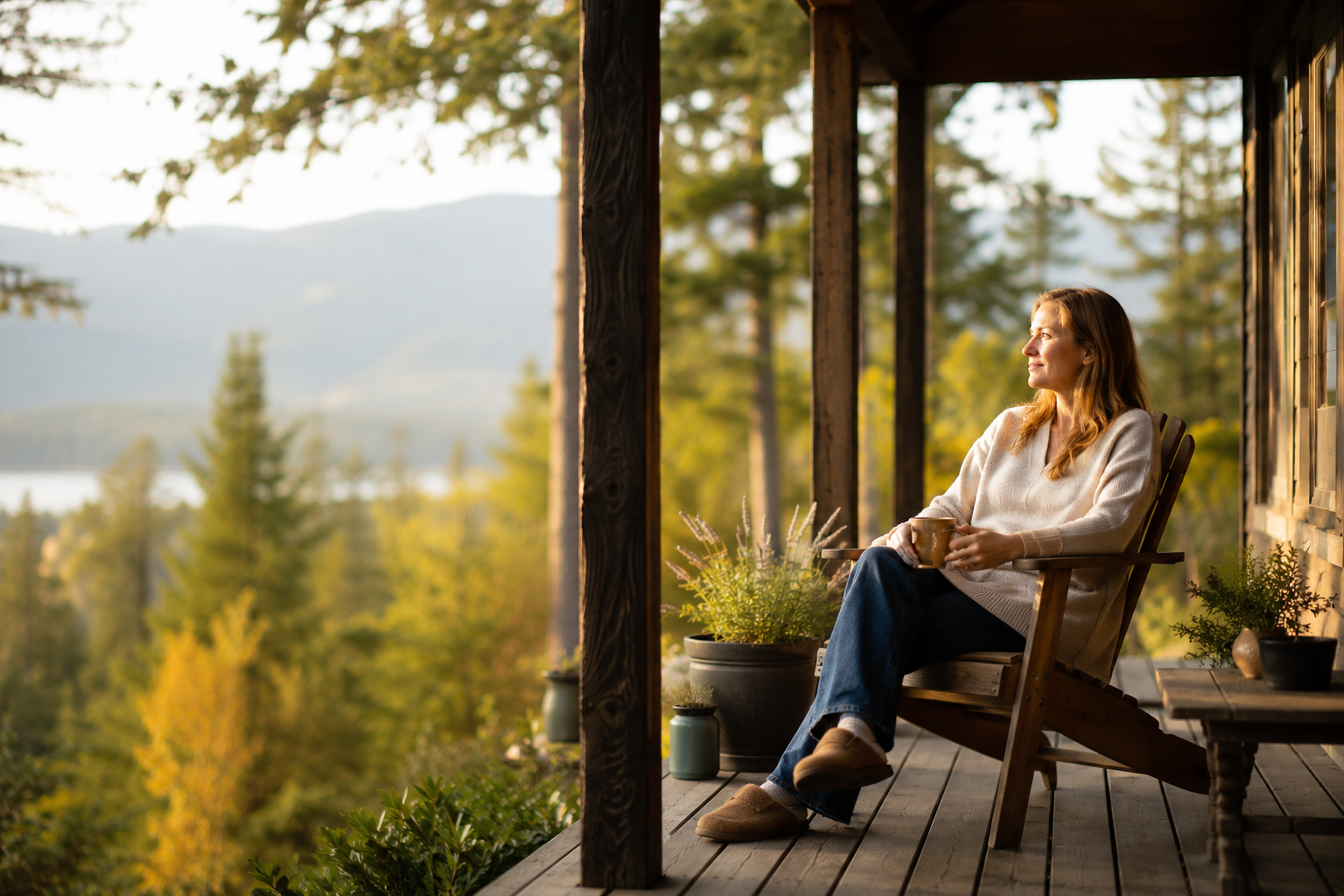 North Idaho home with a woman relaxing on a covered porch overlooking pine forests and mountains at golden hour