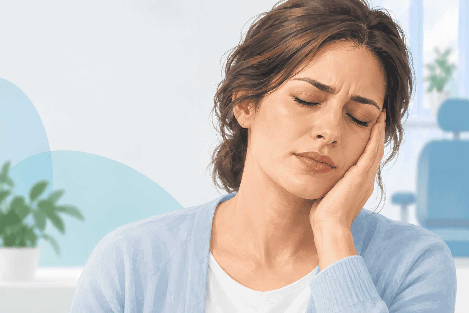 Ilustración de una mujer con los ojos cerrados y gesto de molestia ocular.