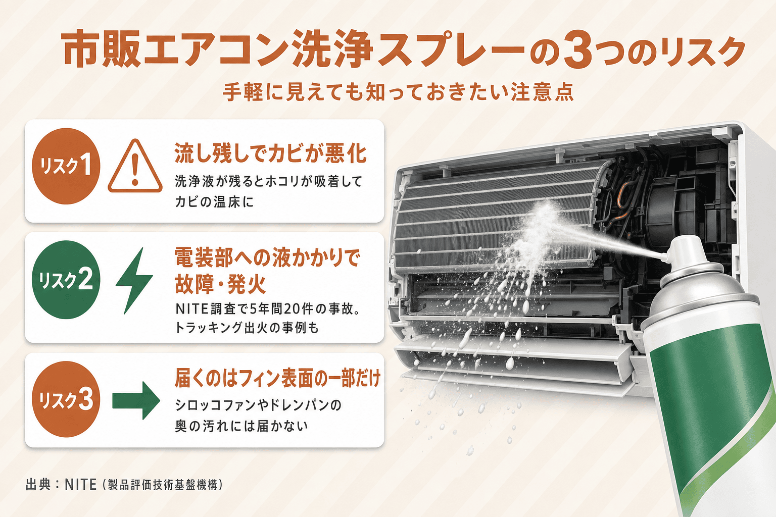 市販のエアコン洗浄スプレーの3つのリスクを示した図解。薬剤の流し残しでカビが悪化する・電装部にかかると故障や発火のおそれがある・スプレーが届くのはフィン表面の一部だけ、の3点をカード形式で並べている。