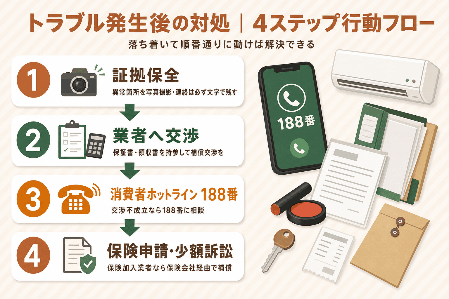エアコンクリーニングでトラブルが起きたときの4ステップ対処フロー。証拠保全→業者へ交渉→消費者ホットライン188番への相談→保険申請・少額訴訟の順で行動する手順を図解。