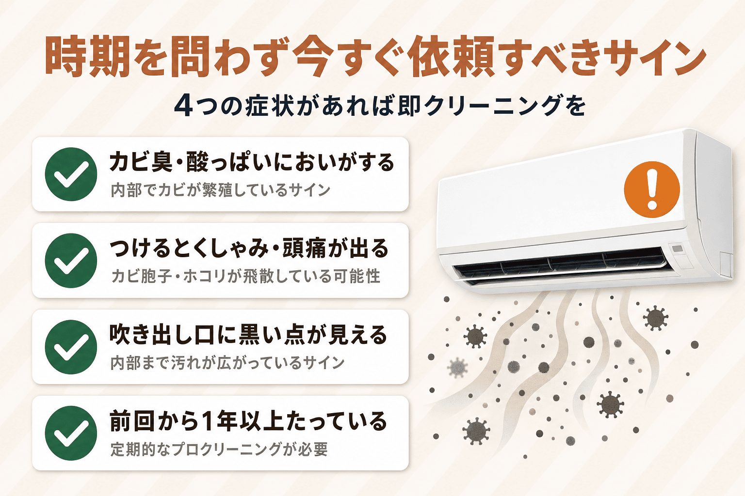 時期を問わず今すぐエアコンクリーニングを依頼すべき4つのサインをまとめたチェックリスト図。カビ臭・酸っぱいにおい、つけるとくしゃみや頭痛、吹き出し口の黒い点、前回から1年以上経過の4項目をチェックボックス形式で表示。