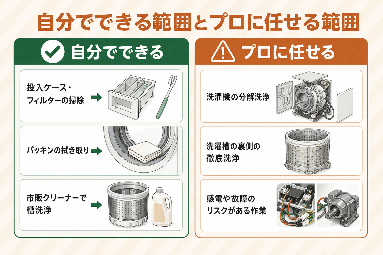 自分でできる範囲とプロに任せる範囲を左右で対比した図解。自分でできるは投入ケース・フィルターの掃除、パッキンの拭き取り、市販クリーナーで槽洗浄。プロに任せるは洗濯機の分解洗浄、洗濯槽の裏側の徹底洗浄、感電や故障のリスクがある作業、を物体イラストと警告アイコン付きで示している。