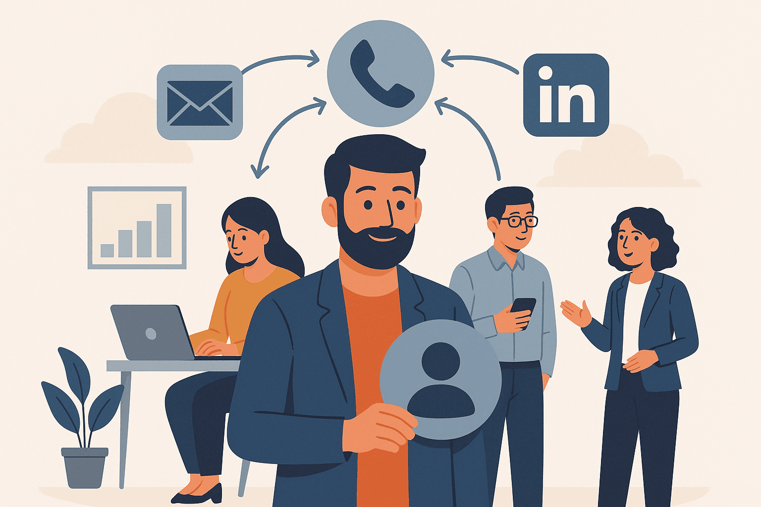 Professional digital illustration of outbound sales outsourcing, showing business growth through teamwork, digital communication, and sales strategy — representing outsourced SDR teams, cold calling, email, and lead generation in a modern B2B environment.