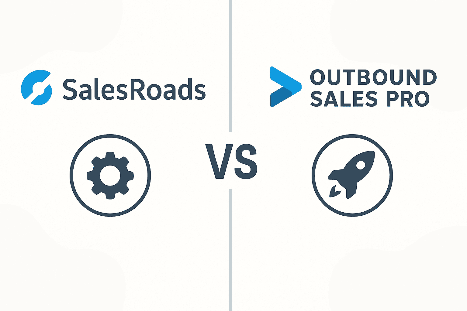 Minimalist infographic comparing SalesRoads and Outbound Sales Pro side by side. The left side represents traditional outbound with phone and checklist icons; the right side shows AI-powered automation, analytics, and parallel dialing — clean, balanced design with blue and purple accents.