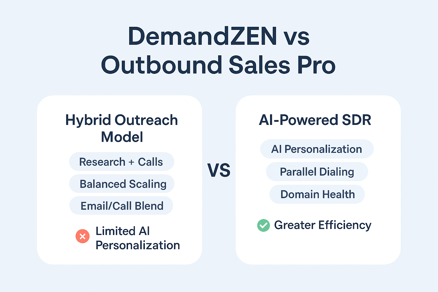 Minimalist flat-style infographic comparing DemandZEN and Outbound Sales Pro. The left side shows research and calling icons symbolizing hybrid outreach; the right side depicts AI automation, parallel dialing, and analytics visuals. Clean white background with blue and purple accents, no text