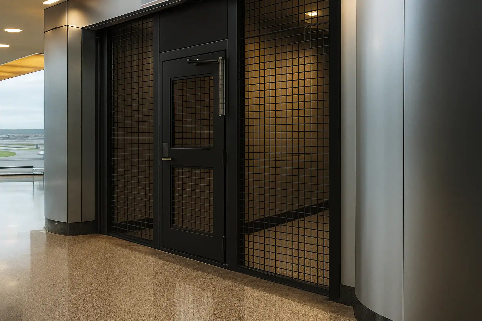 An airport hallway safeguarded by a pedestrian gate flanked by wire mesh infill.