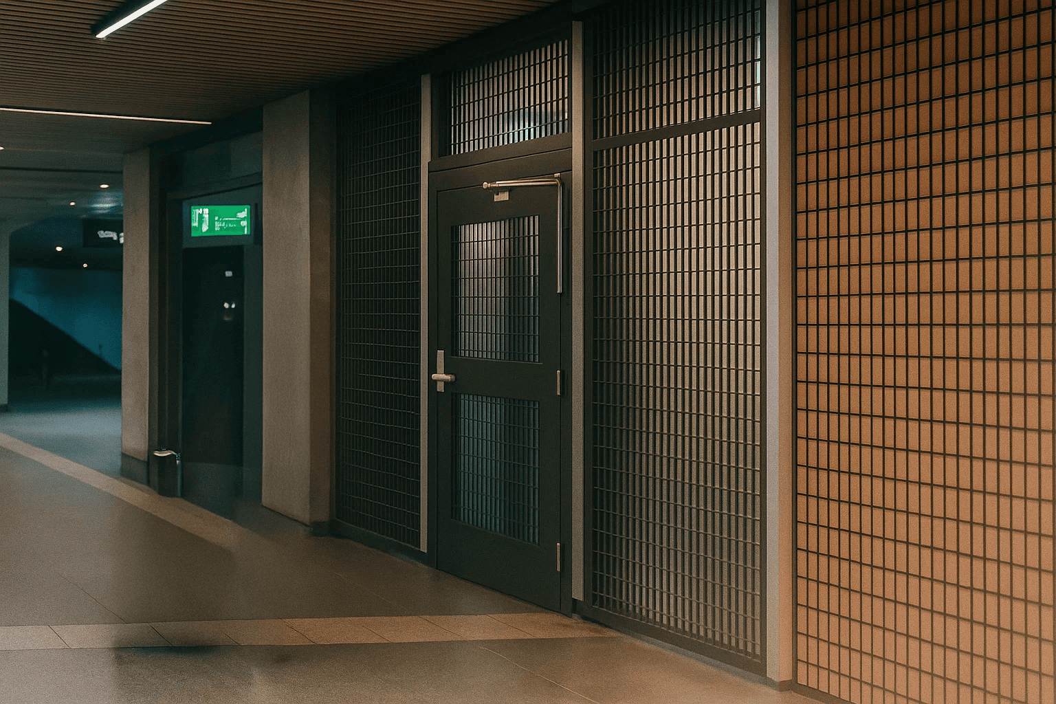 An airport Subway entrance closed by a pedestrian gate with wire mesh infill.