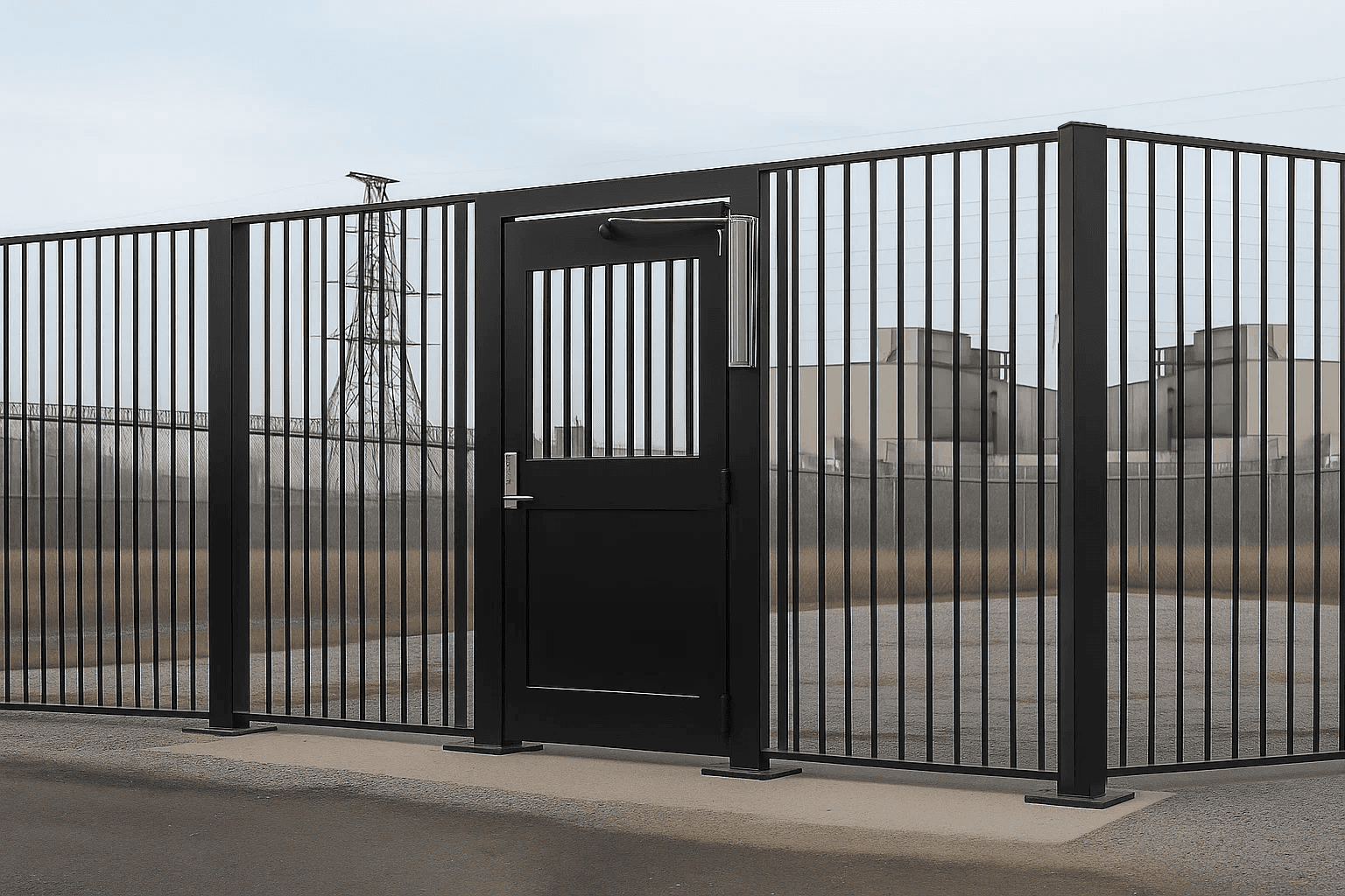 An industrial gate with solid infill and a solid gated entrance.