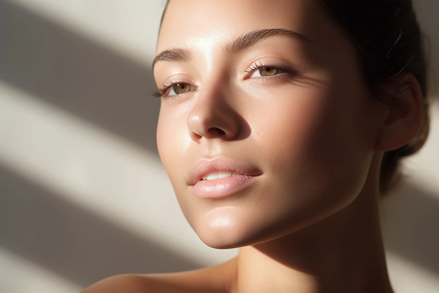 Confident woman with glowing skin, enhanced by sunlight post-PRP therapy