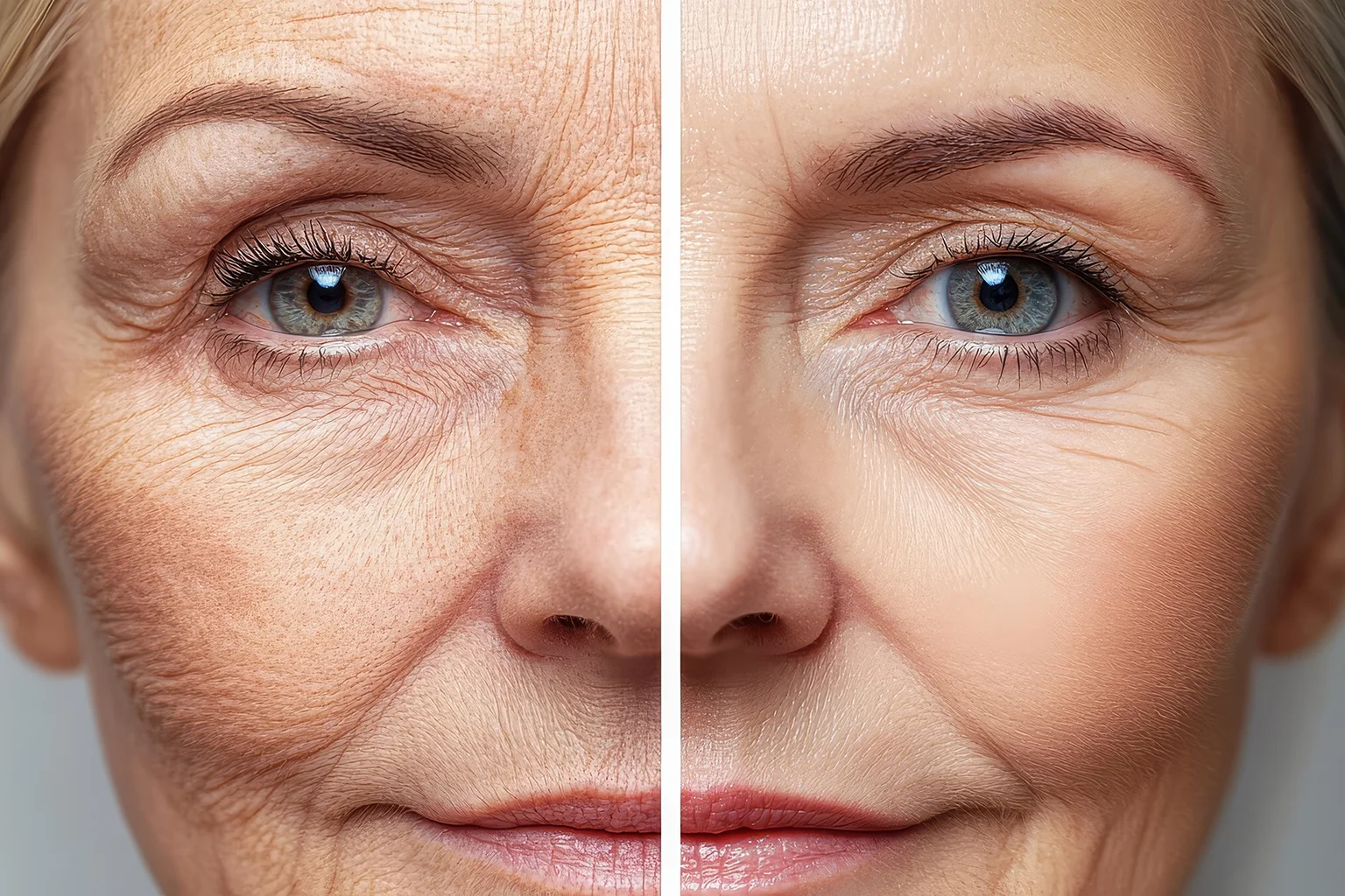 Side-by-side comparison of wrinkled skin vs. clear, youthful skin after PRP treatment