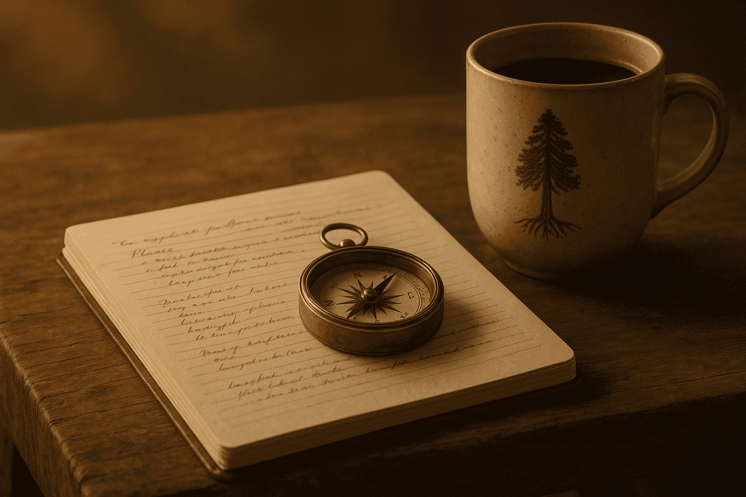 Tasse mit Mammutbaum, Kompass und Notizbuch – Symbolbild für Igor Solowjews Haltung: Klarheit, Richtung und Reflexion