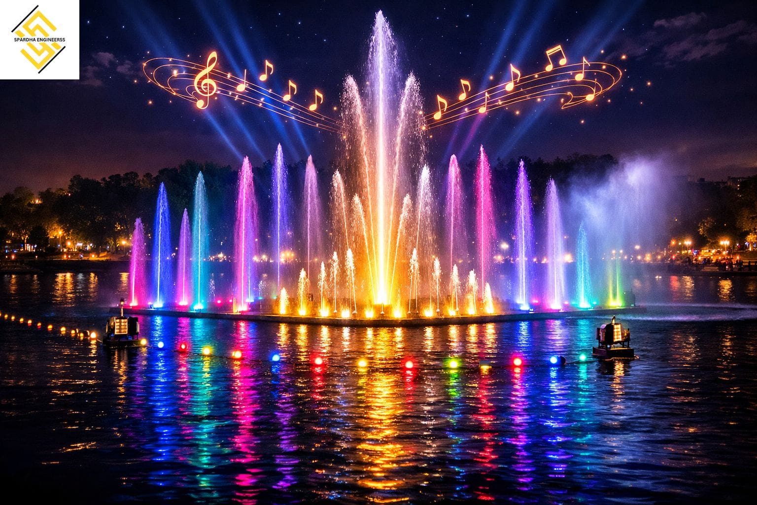 Musical fountain with colorful LED lights and dancing water jets at night