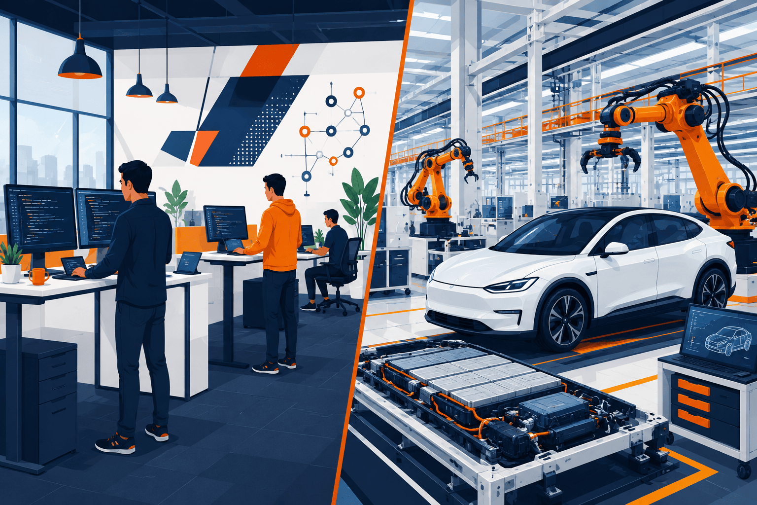 Illustration combining software engineering and EV manufacturing representing Pune's dual tech and automotive talent base