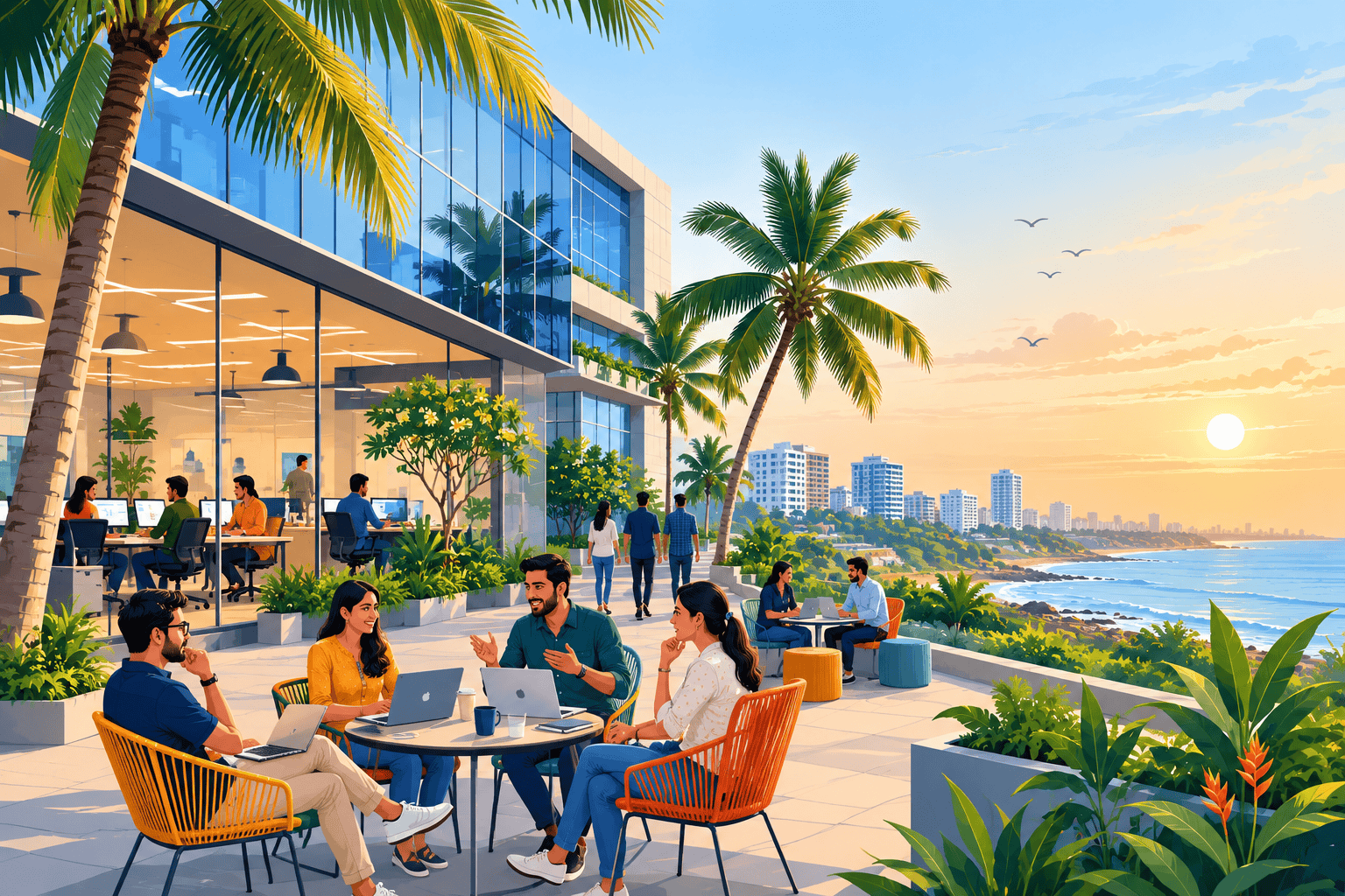 Illustration of a coastal tech office in Chennai representing the city's SaaS and product engineering scene