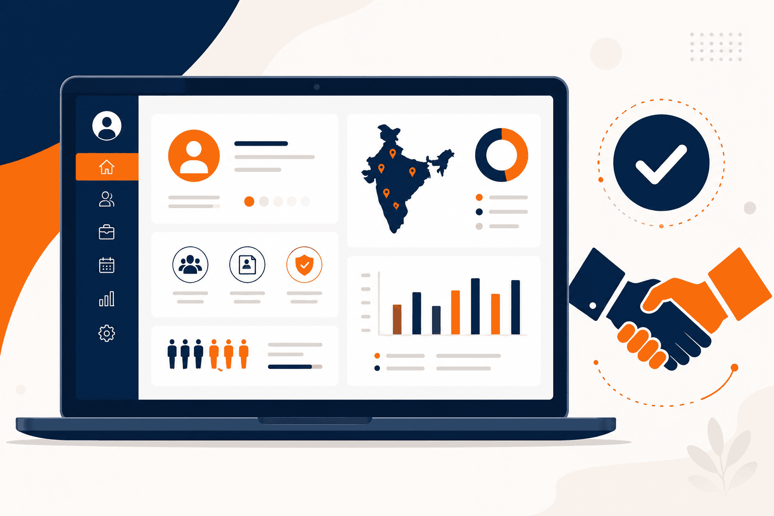 Illustration of an HRMS dashboard representing StratEdge Global's EMPLEYOR platform managing India hiring
