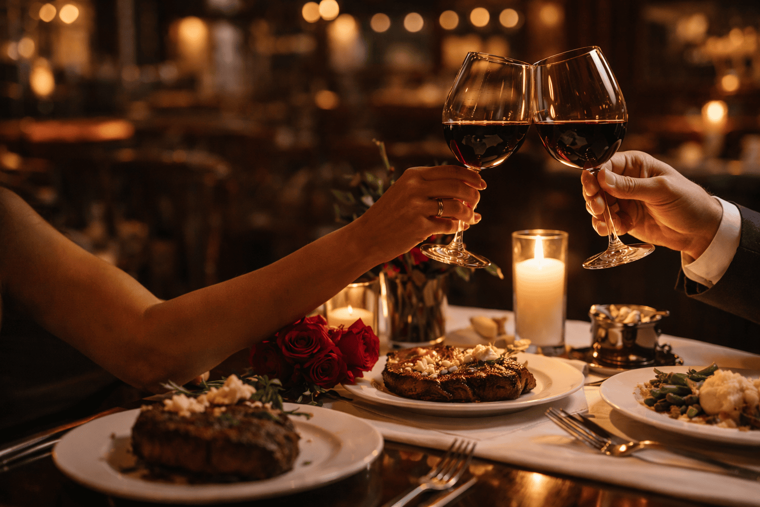 Wine glasses and candles in romance