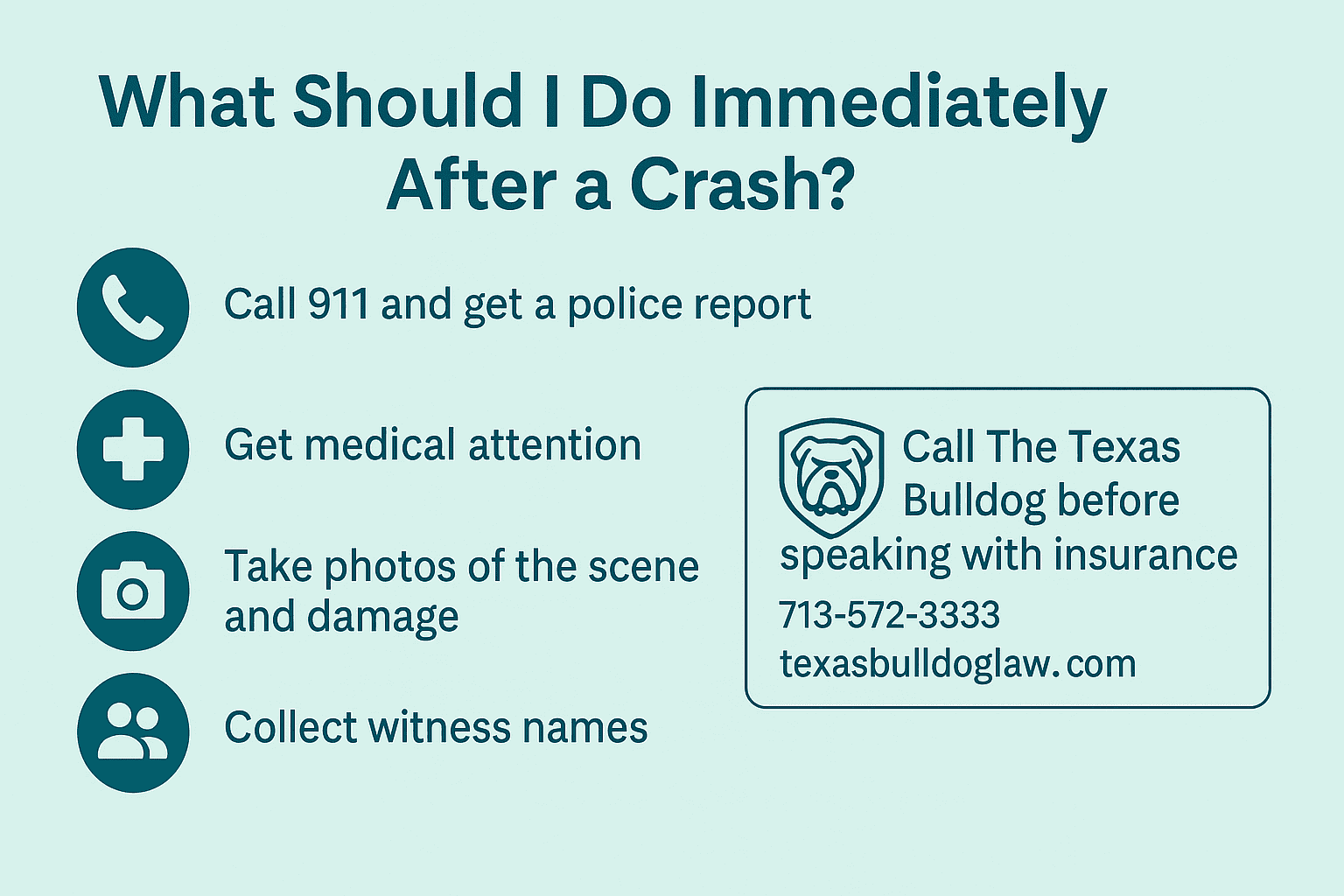 Infographic: What to do immediately after a car crash—call 911, get medical care, take photos, collect witnesses, call The Texas Bulldog.