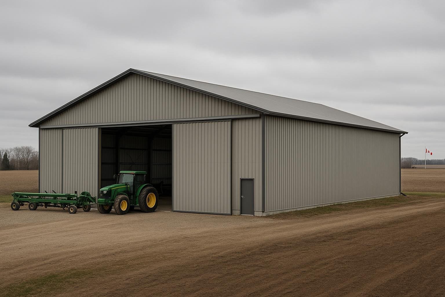 Large pre-engineered steel agricultural storage building on a Canadian farm