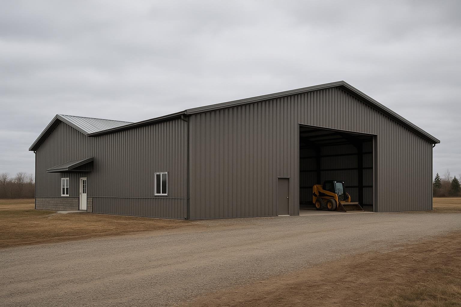 Pre-engineered steel barndominium shell with residential and utility bay sections
