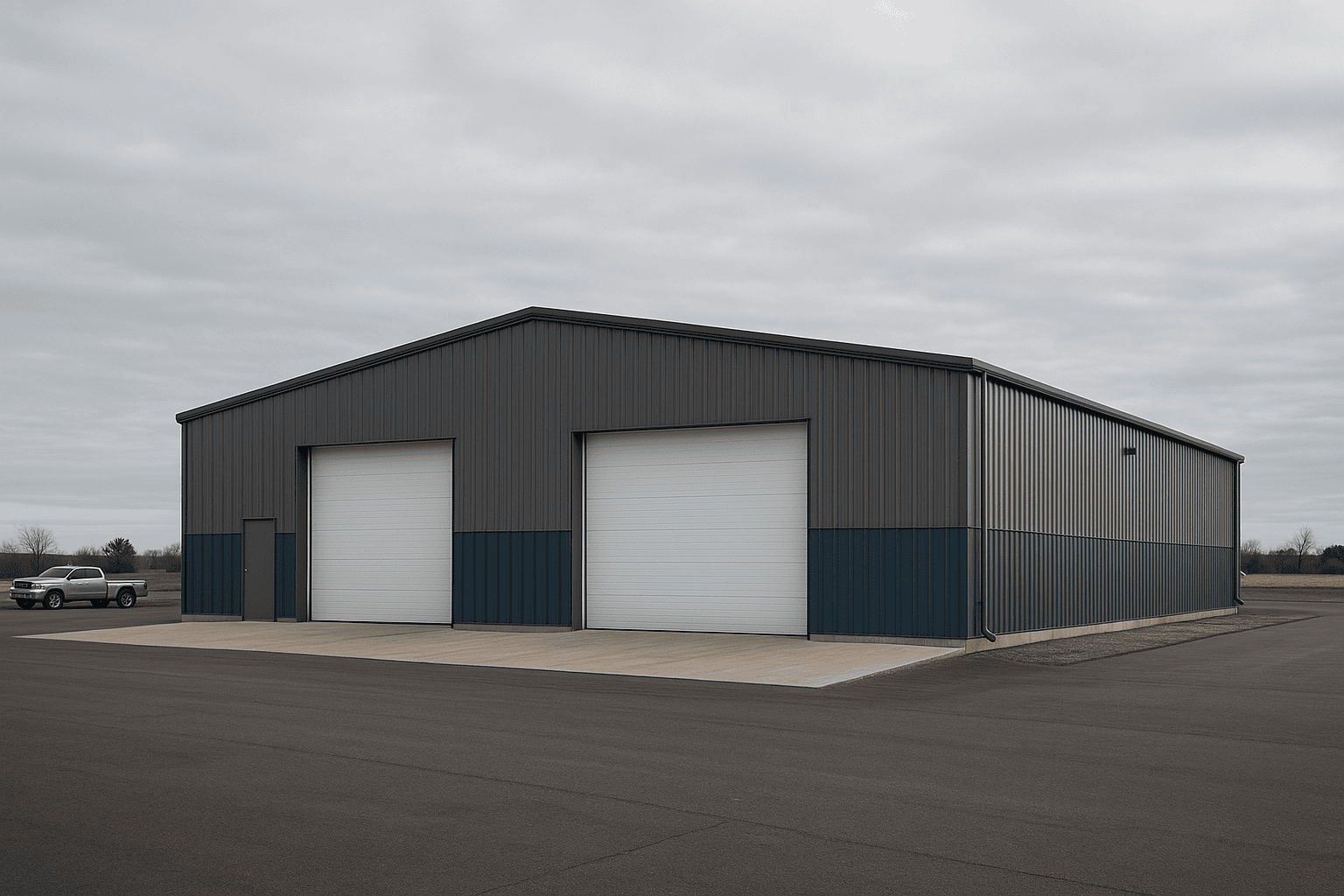 Large clear-span commercial steel building on an industrial lot in London Ontario under clear sky