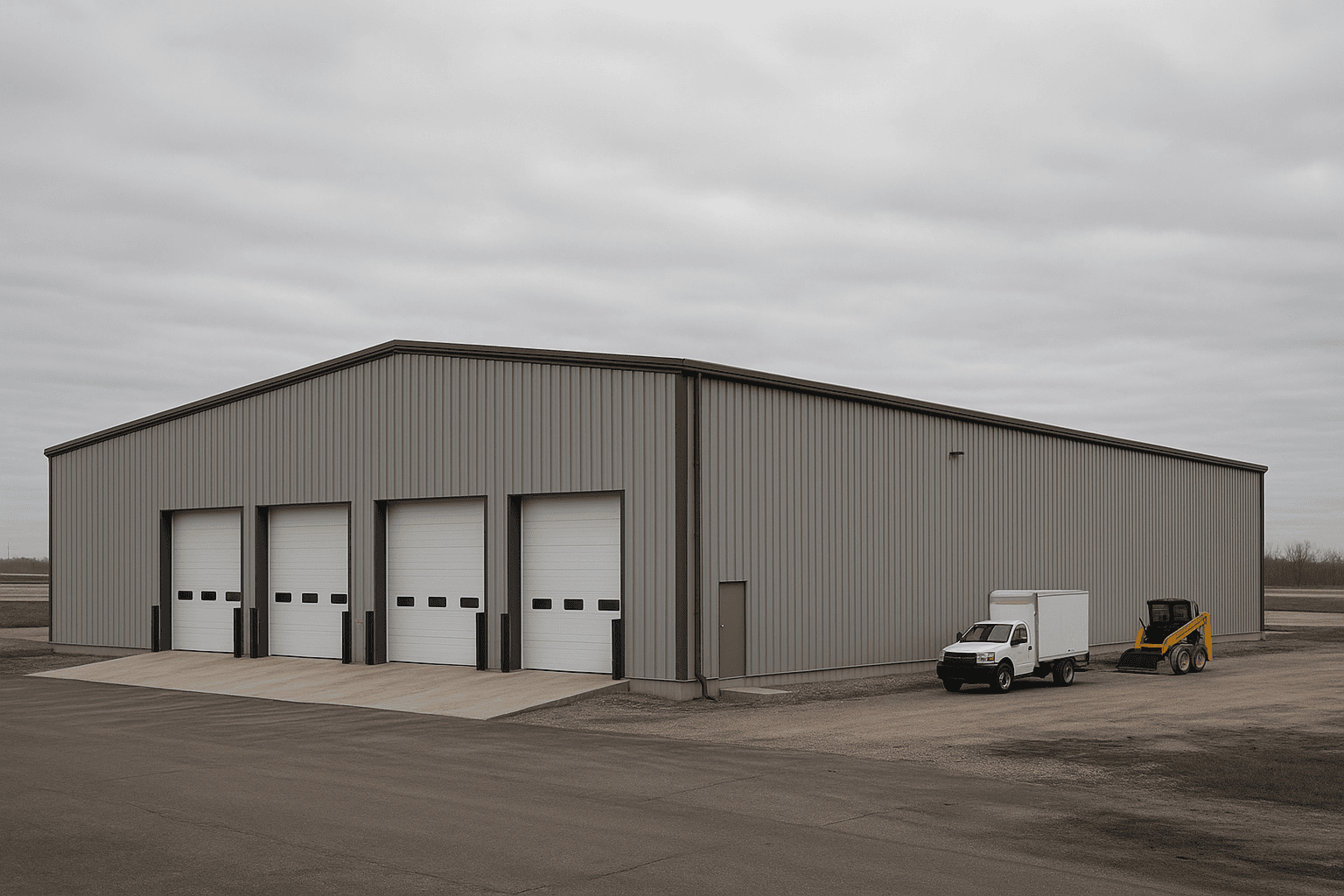 Large clear-span commercial steel building with overhead doors in Windsor Ontario industrial area