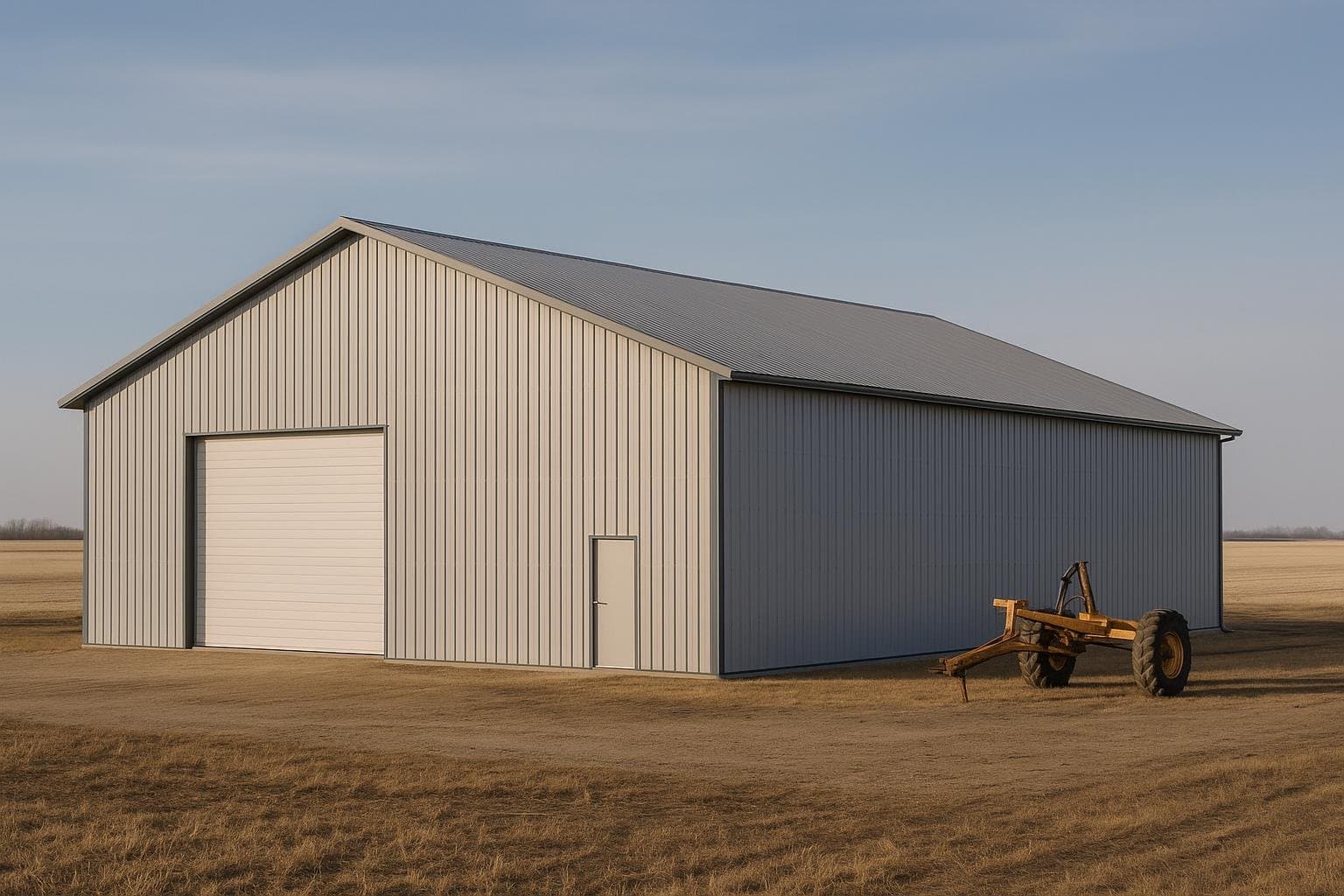 Large clear-span pre-engineered steel agricultural building on a Canadian farm under blue sky