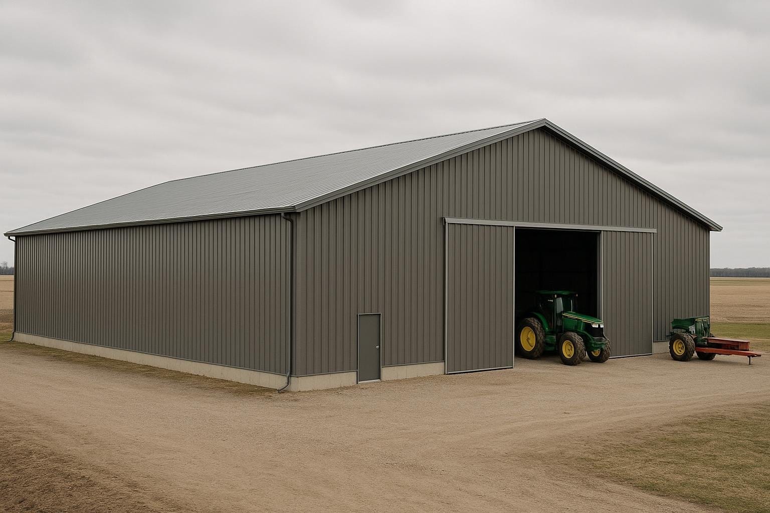 Large pre-engineered steel farm building on open Canadian agricultural land