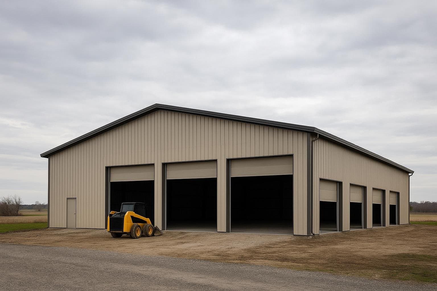 Pre-engineered steel garage kit building with multiple overhead door openings in Ontario