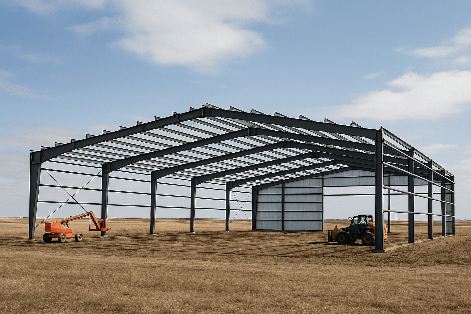 Large pre-engineered metal building under construction on a Canadian prairie site in natural light